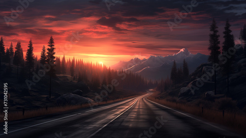 Winding asphalt road cutting through a pine forest in a multicolored sunset, with a golden, pink, purple, and reddish sky, and a horizon of snowy mountains. Driving in freedom