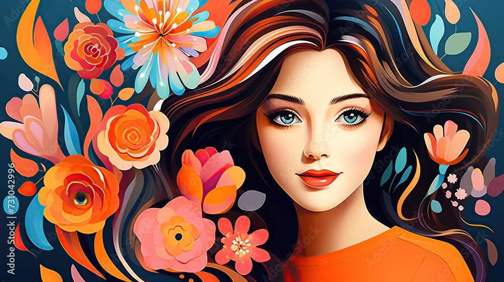 Female illustration portrait with flowers. Creative background with stylish woman. Summer style.