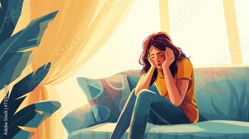 A digital illustration portrays a young woman sitting on the couch at home, her head cradled in her hands, suggesting health issues, headaches, or stress. photo