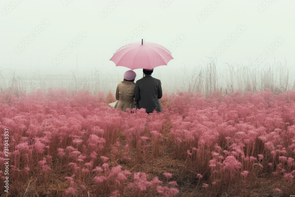 Two individuals standing close together underneath a single umbrella amidst a vibrant field of blooming flowers.