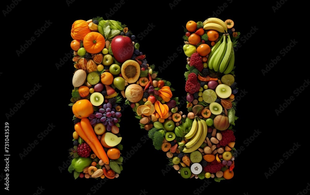 N Letter Crafted With Assorted Fruits and Vegetables