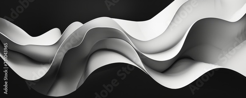 A minimalist still life style featuring abstract geometric distorted white waves against a black background, with swirl shapes in black and white.