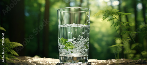 fresh clear mineral water in a glass with forest background 87