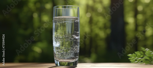 fresh clear mineral water in a glass with forest background 86