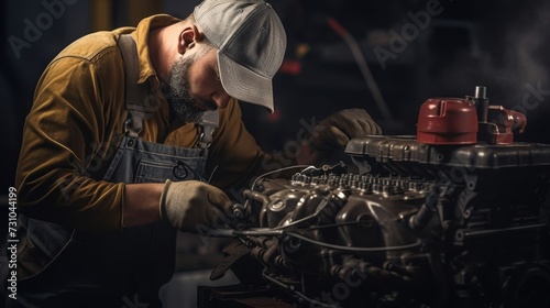 A mechanic installing new spark plug wires on an engine photo