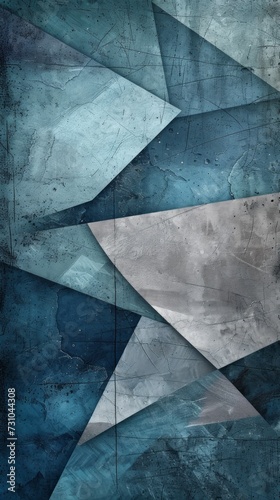 An abstract background characterized by mid-century geometric shapes in shades of blue and gray, with a distorted and scratched textured effect.