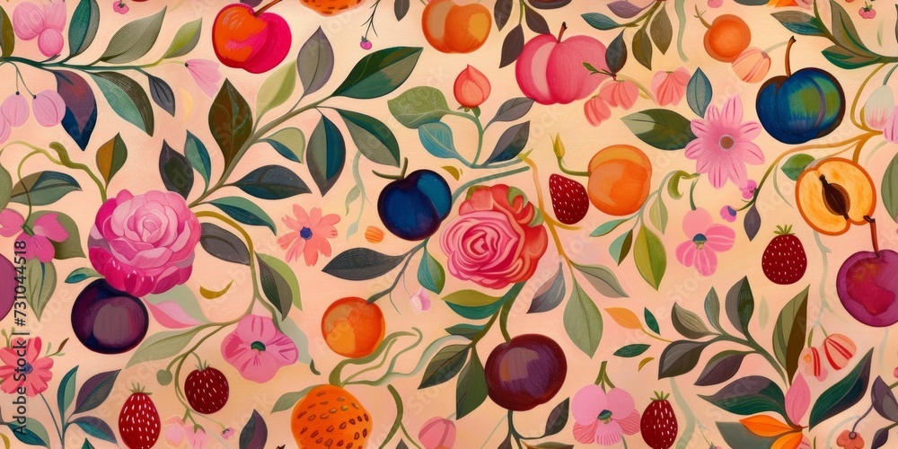 Vibrant hand-painted floral and fruit seamless pattern with colorful blooms and ripe oranges, plums, and peaches on a bright background. Botanical wallpaper. Vibrant hand-painted floral and fruit seamless pattern with colorful blooms and ripe oranges, plums, and peaches on a bright background. Botanical wallpaper.