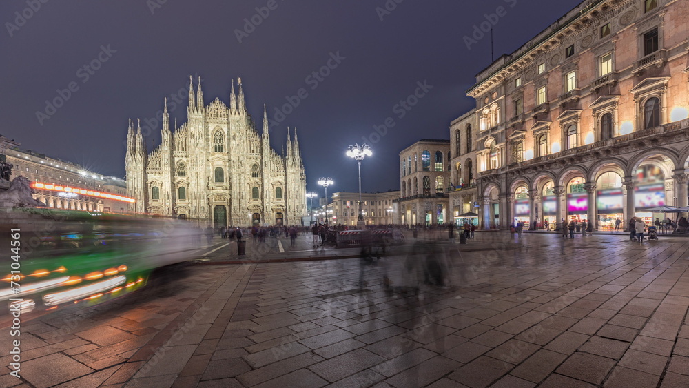 Panorama showing Milan Cathedral and Vittorio Emanuele gallery day to night timelapse.