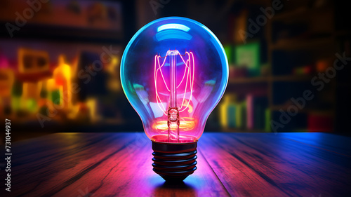 Colorful blue light bulb - neon colored traditional light bulb to replicate photorealism. photo