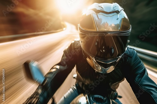 A motorcyclist speeds down the highway wearing a sleek crash helmet.