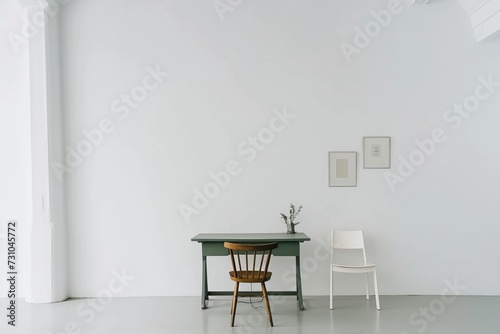 Wallpaper Mural empty white room with chairs, a green table, and an empty wooden desk, in the style of minimalist Torontodigital.ca