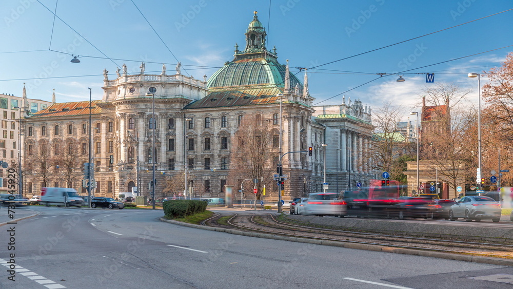 Exterior view of the Palace of Justice at the Karlsplatz timelapse in Munich, the capital of Bavaria, Germany.