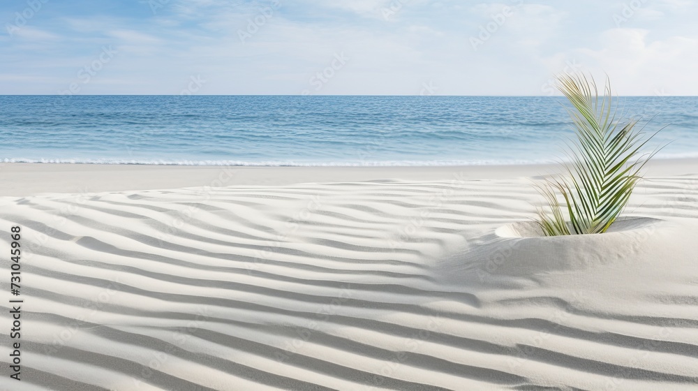 Zen pattern in white sand with palm leaves, drawing, sandy texture, spa background for meditation