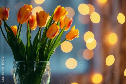 tulips on a wooden table with yellow lights