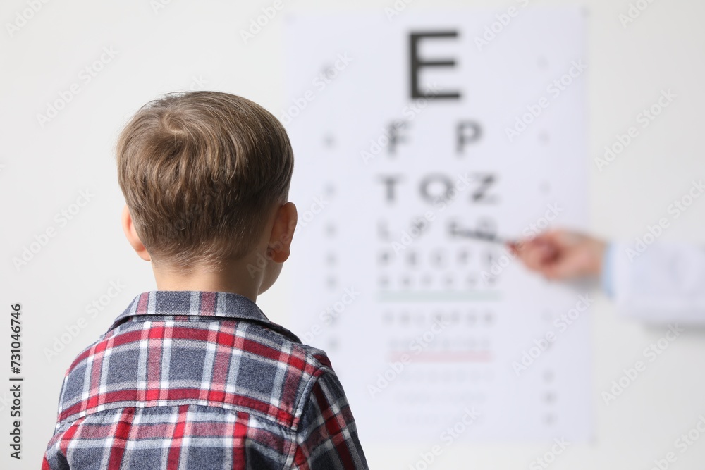 Ophthalmologist testing little boy's vision in clinic, back view Ophthalmologist testing little boy's vision in clinic, back view