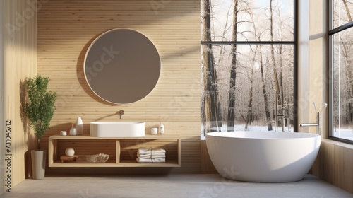 a modern bathroom with light wooden walls  a sink  mirror  white round tub near a loft window  side view.