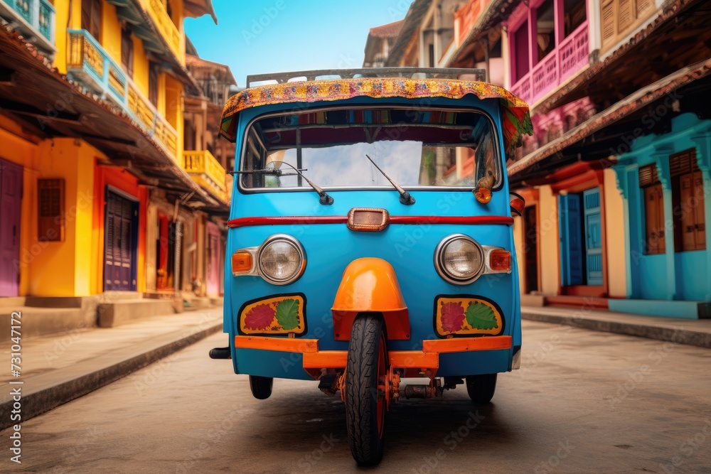 Obraz premium A blue and orange bus is seen driving down a street, transporting passengers.