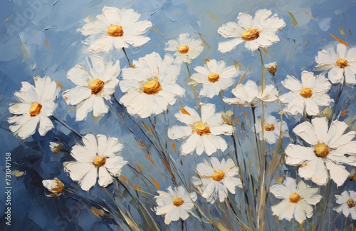 This photo depicts a painting featuring white flowers against a vibrant blue background. © pham