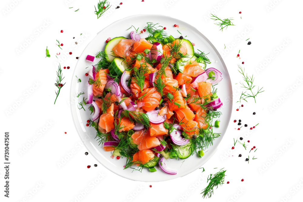 top view of a salad with smoked salmon, dill and pickled vegetables, on a white background.