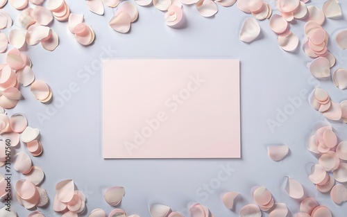 Aesthetic blank paper card mockup with pastel heart-shaped confetti. Luxury greeting card design concept