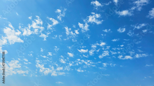 Clear blue sky with scattered fluffy white clouds on a sunny day, ideal for background or wallpaper