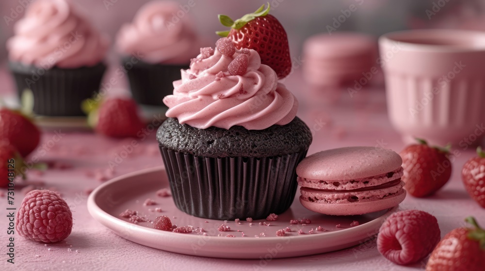 a plate topped with a chocolate cupcake next to a cupcake covered in pink frosting and strawberries.