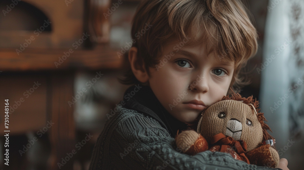 sad little boy hugging a doll sad little boy hugging a doll
