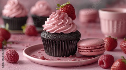 a plate topped with a chocolate cupcake next to a cupcake covered in pink frosting and strawberries. photo