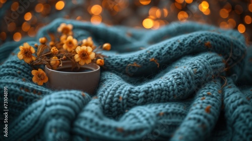 a close up of a blanket and a cup with flowers in it on a table with lights in the background. photo