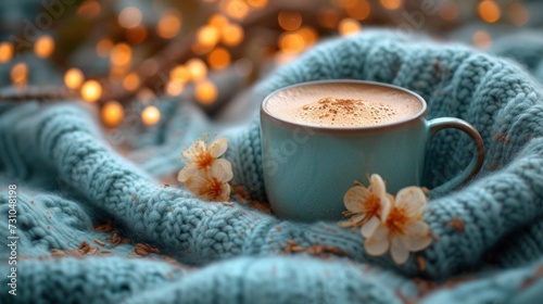 a cup of cappuccino on a blue blanket with a flower on the end of the cappuccino.