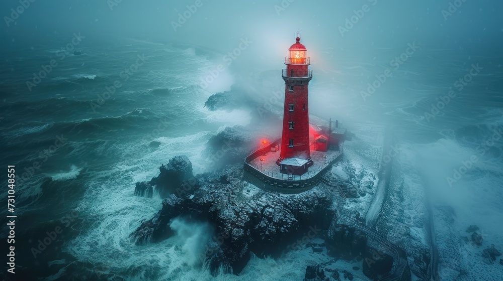 a red light house sitting on top of a rocky cliff in the middle of the ocean on a foggy day.
