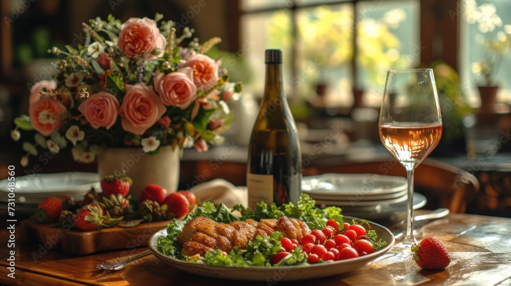 Fototapeta premium a table topped with a plate of food and a glass of wine next to a vase of flowers and a bottle of wine.