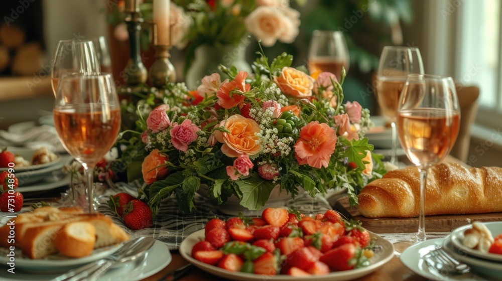 a table topped with plates of food next to glasses of wine and a vase filled with flowers and greenery.