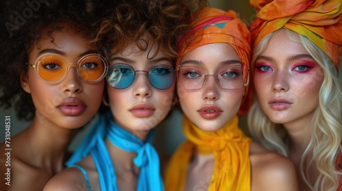 a group of three women with different colored glasses and scarves on their heads, one of them is wearing a scarf and the other is wearing a headscarf.
