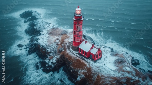 a red light house sitting on top of a rock in the middle of the ocean next to a body of water.