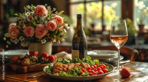 a table topped with a plate of food and a glass of wine next to a vase of flowers and a bottle of wine.