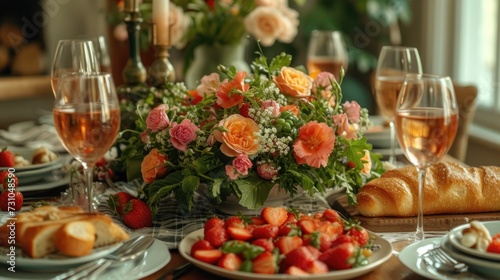 a table topped with plates of food next to glasses of wine and a vase filled with flowers and greenery.