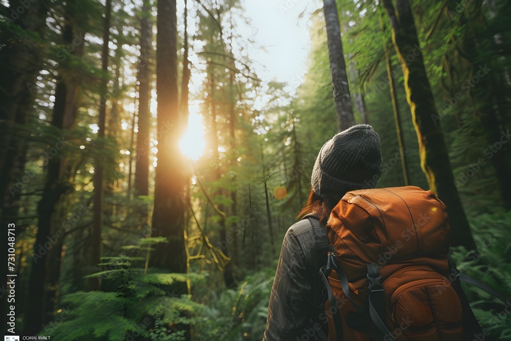 Woman Looking Through Forest with Backpack