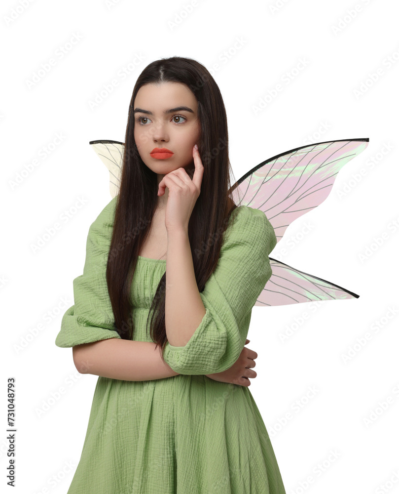 Beautiful girl in fairy costume with wings on white background Beautiful girl in fairy costume with wings on white background