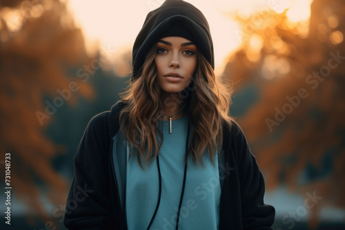 A woman is depicted wearing a hoodie and listening to music through headphones.