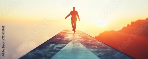 An illustration featuring a businessperson running along an arrow-shaped bridge toward a bright light, symbolizing progress, determination, and pursuit of success.