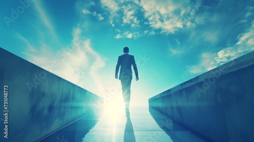 An illustration featuring a businessperson running along an arrow-shaped bridge toward a bright light, symbolizing progress, determination, and pursuit of success.