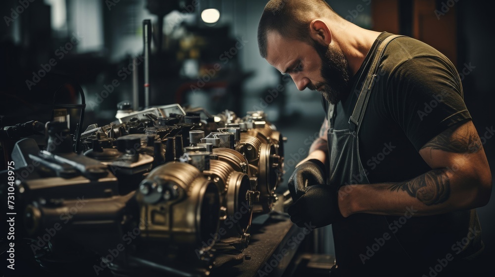 A technician cleaning engine parts before the repair process A technician cleaning engine parts before the repair process