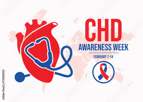 CHD Congenital Heart Disease Awareness Week poster vector illustration. Red heart organ with stethoscope symbol. Red blue awareness ribbon icon. Every year February 7-14. Important day