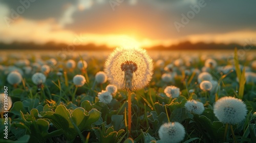 a dandelion in the middle of a field of grass with the sun setting in the distance behind it. photo
