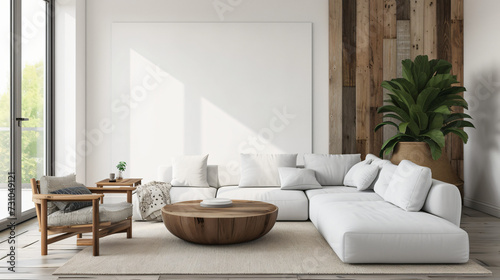 White and wood living room with sofa and armchair. © John
