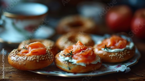 Hyperrealistic portrayal of miniature bagels with lox and cream cheese, featuring tiny smoked salmon and perfectly spread cream cheese, presented on a miniature breakfast setting