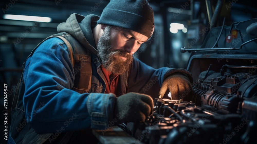 A grease-covered engineer inspecting a car engines wiring