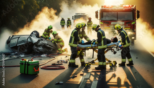 Emergency responders at the scene of a rollover car accident. photo