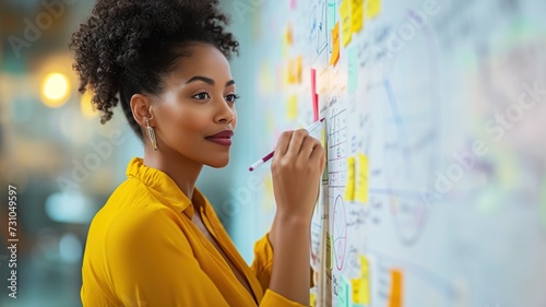 woman is writing on a blackboard studded with colorful sticky notes. She is most likely organizing tasks or brainstorming